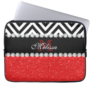 FUNDA PARA PORTÁTIL NEGRO ROJO CHEVRON DEL PURPURINA CON MONOGRAMA