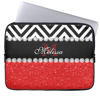 FUNDA PARA PORTÁTIL NEGRO ROJO CHEVRON DEL PURPURINA CON MONOGRAMA