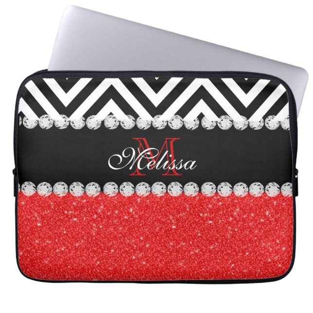 FUNDA PARA PORTÁTIL NEGRO ROJO CHEVRON DEL PURPURINA CON MONOGRAMA (Frente)