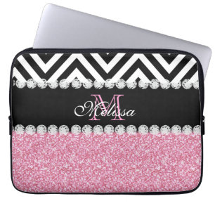 FUNDA PARA PORTÁTIL NEGRO ROSADO CHEVRON DEL PURPURINA CON MONOGRAMA