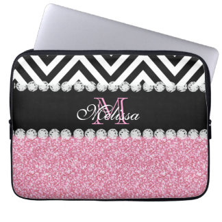 FUNDA PARA PORTÁTIL NEGRO ROSADO CHEVRON DEL PURPURINA CON MONOGRAMA
