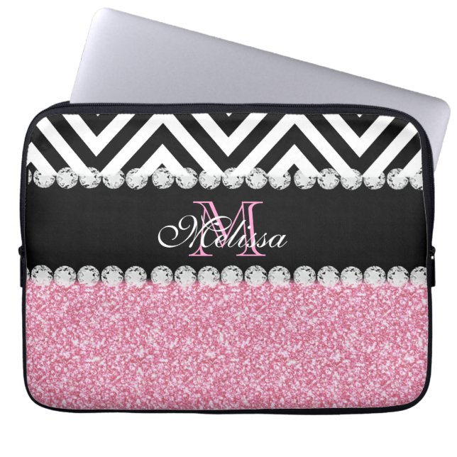 FUNDA PARA PORTÁTIL NEGRO ROSADO CHEVRON DEL PURPURINA CON MONOGRAMA (Frente)