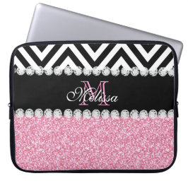 FUNDA PARA PORTÁTIL NEGRO ROSADO CHEVRON DEL PURPURINA CON MONOGRAMA