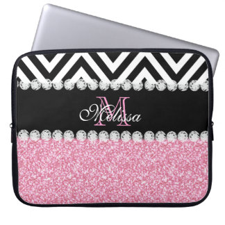 FUNDA PARA PORTÁTIL NEGRO ROSADO CHEVRON DEL PURPURINA CON MONOGRAMA