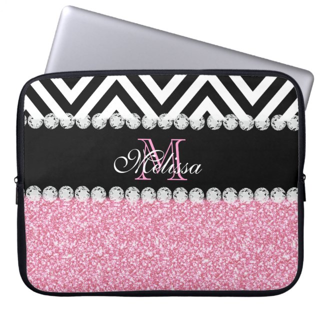 FUNDA PARA PORTÁTIL NEGRO ROSADO CHEVRON DEL PURPURINA CON MONOGRAMA (Frente)