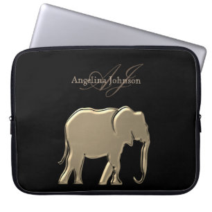 Funda Para Portátil Negro y con monograma elegante del elefante del