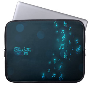 Funda Para Portátil Neon Blue Music Notes y nombre personalizado