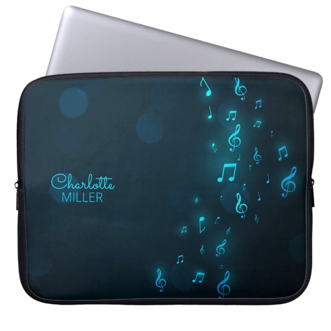 Funda Para Portátil Neon Blue Music Notes y nombre personalizado (Frente)