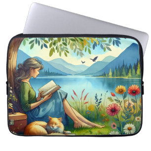 Funda Para Portátil Niña leyendo un libro bajo un árbol con un gato so
