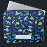 Funda Para Portátil Niños personalizados del azul del modelo del<br><div class="desc">El verde azul personalizado del modelo del dinosaurio de la acuarela embroma la caja del ordenador portátil. Dinosaurios de la acuarela en verde,  y azul en un fondo azul marino. Personalice con nombre. www.SamAnnDesigns.com</div>