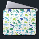 Funda Para Portátil Niños personalizados del azul del modelo del<br><div class="desc">El verde azul personalizado del modelo del dinosaurio de la acuarela embroma la caja del ordenador portátil. Dinosaurios de la acuarela en verde,  y azul en un fondo blanco. Personalice con nombre. www.SamAnnDesigns.com</div>