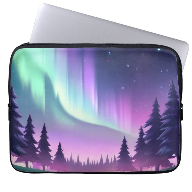 Funda Para Portátil Noche Dreamy Aurora: Bosque Púrpura y Luz Verde (Frente)