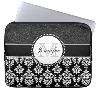 Funda Para Portátil Nombre blanco del monograma del damasco del