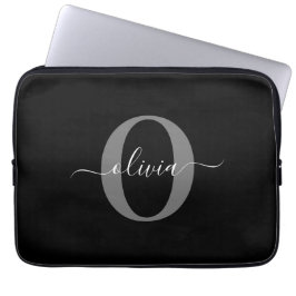 Funda Para Portátil Nombre con letra de monograma personalizada negro 