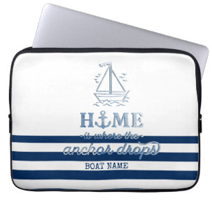 Funda Para Portátil Nombre de barco náutico, Ancla Marina Azul Rayada