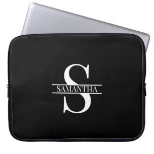 Funda Para Portátil Nombre de Monograma Blanco y Negro Elegante Person