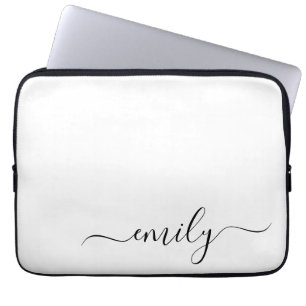 Funda Para Portátil Nombre de monograma del guión moderno blanco negro