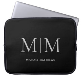 Funda Para Portátil Nombre de monograma masculino gris negro minimalis