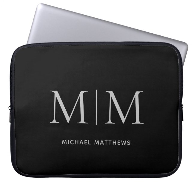 Funda Para Portátil Nombre de monograma masculino gris negro minimalis (Frente)