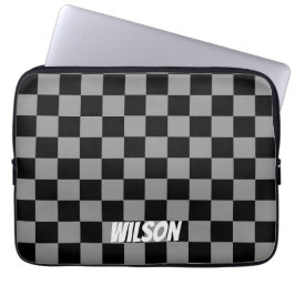 Funda Para Portátil Nombre de monograma personalizado a cuadros negro 