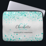 Funda Para Portátil Nombre de monograma verde purpurina verde azulado<br><div class="desc">Un elegante y moderno fondo metálico de imitación plateada. Decorada con verde azulado polvo purpurina de color verde agua. Personalice y agregue su nombre,  iniciales de monograma y nombre completo. El nombre se escribe con un guión de estilo con letras a mano.</div>