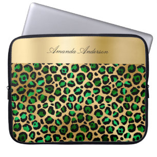 Funda Para Portátil Nombre de patrón negro del leopardo de oro verde e