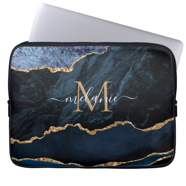 Funda Para Portátil Nombre del Monograma Agate Blue Gold Márble Portát (Frente)
