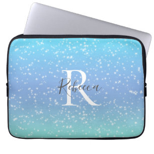 Funda Para Portátil Nombre inicial de monograma azul verde destello fe