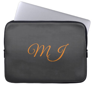 Funda Para Portátil Nombre inicial monograma gris naranja caligrafía