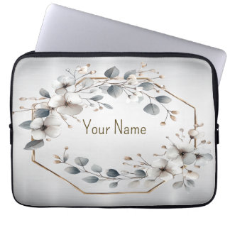 Funda Para Portátil Nombre Monograma Color de la agua Flor blanca Marc