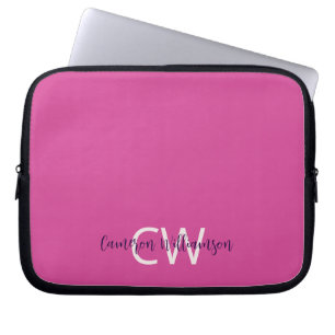 Funda Para Portátil Nombre Monograma Sofisticado Sólido Vibrante Rosa