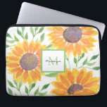 Funda Para Portátil Nombre Monograma Sunflower<br><div class="desc">Esta manga única para ordenador portátil cuenta con un fondo de girasol acuático y follaje en tonos amarillos y verdes. Personalizable fácil con su nombre y monograma. Acuarela original © Michele Davies.</div>