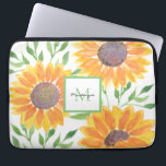 Funda Para Portátil Nombre Monograma Sunflower<br><div class="desc">Esta manga única para ordenador portátil cuenta con un fondo de girasol acuático y follaje en tonos amarillos y verdes. Personalizable fácil con su nombre y monograma. Acuarela original © Michele Davies.</div>
