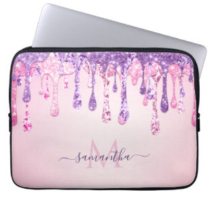 Funda Para Portátil Nombre monogramado del Purpurina de vidrio rosado 