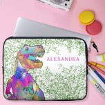Funda Para Portátil Nombre para añadir de Dinosaur Colorful T-Rex<br><div class="desc">Un divertido rugido de T Rex un temible y psicodélico dinosaurio colorido con antecedentes de follaje de jungla Jurásica. El perfecto funda de laptops chicas personalizadas para el escolar que ama los dinos. Este divertido diseño prehistórico de dinosaurios con plantilla fácil de usar para crear un funda portátil personalizado. El...</div>