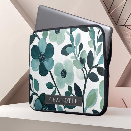 Funda Para Portátil Nombre personalizado Blue Aqua Floral Vines