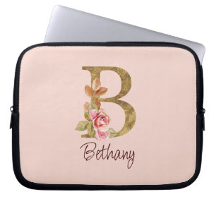 Funda Para Portátil Nombre personalizado Blush rosas rosadas hoja dora