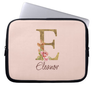 Funda Para Portátil Nombre personalizado Carta E Hoja de Oro Rosas Ros