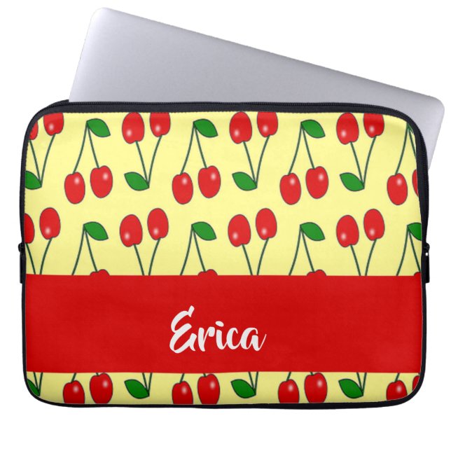Funda Para Portátil Nombre personalizado de cerezas rojas en amarillo (Frente)