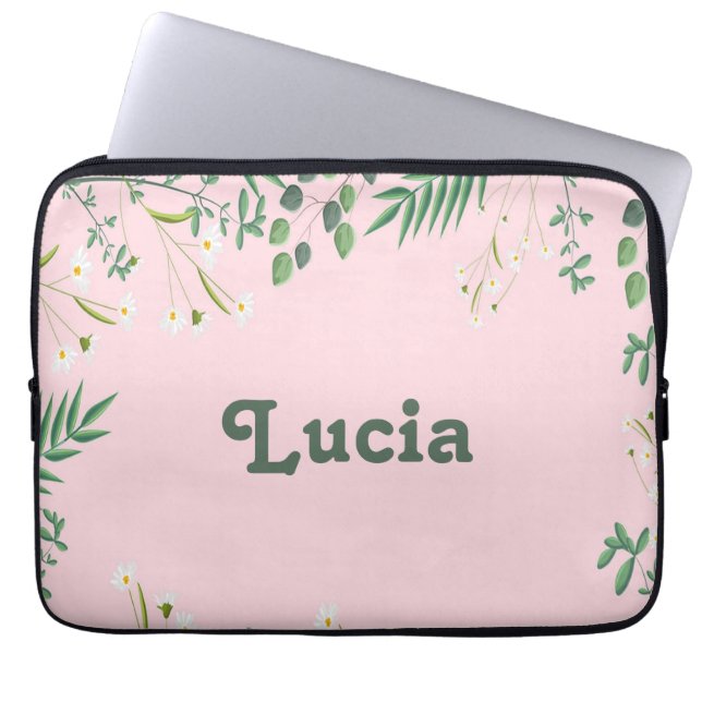 Funda Para Portátil Nombre personalizado de hojas verdes en rosa (Frente)
