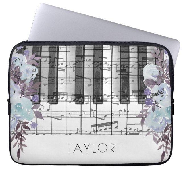 Funda Para Portátil Nombre personalizado de las flores azules de piano (Frente)