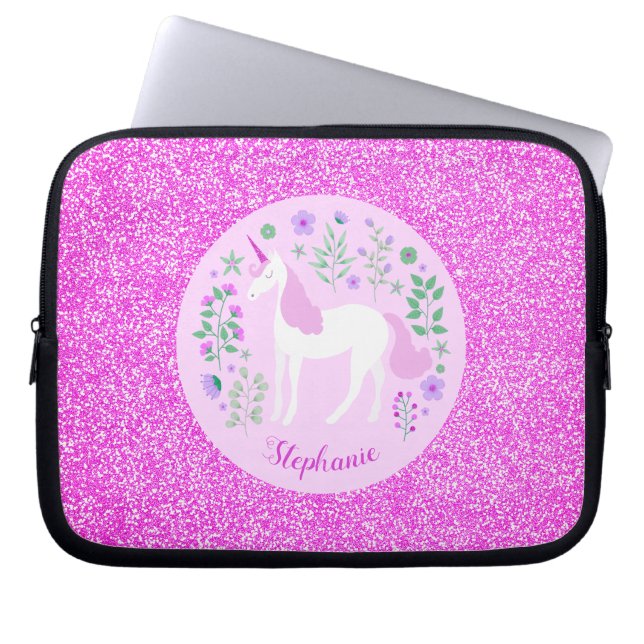 Funda Para Portátil Nombre personalizado de Purpurina rosa de Unicorn (Frente)