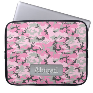 Funda Para Portátil Nombre personalizado del patrón de camo gris rosad