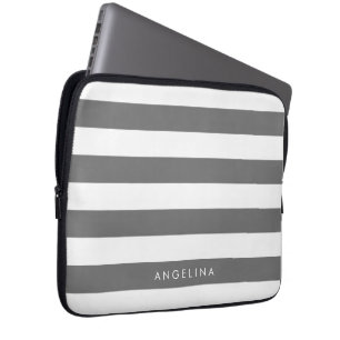 Funda Para Portátil Nombre personalizado del patrón rayado blanco gris