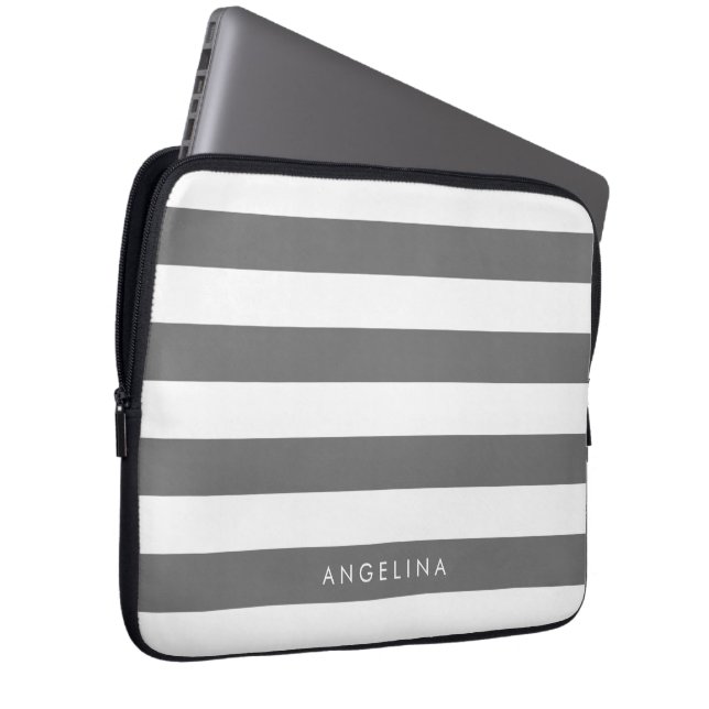 Funda Para Portátil Nombre personalizado del patrón rayado blanco gris (Anverso derecho)