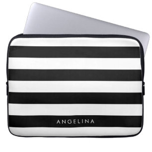 Funda Para Portátil Nombre personalizado del patrón rayado negro y bla