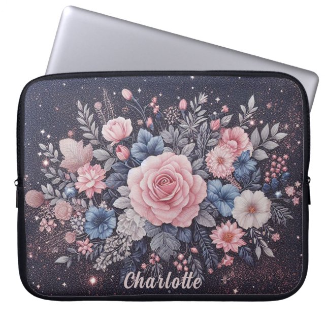 Funda Para Portátil Nombre personalizado Flores de Purpurina rosa azul (Frente)