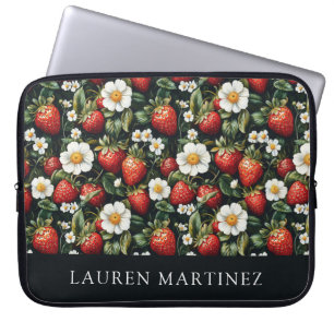 Funda Para Portátil Nombre personalizado fresas y flores