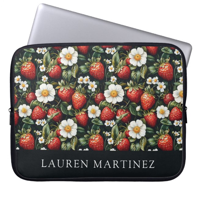 Funda Para Portátil Nombre personalizado fresas y flores (Frente)