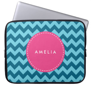 Funda Para Portátil Nombre Personalizado Monograma Azul Chevron